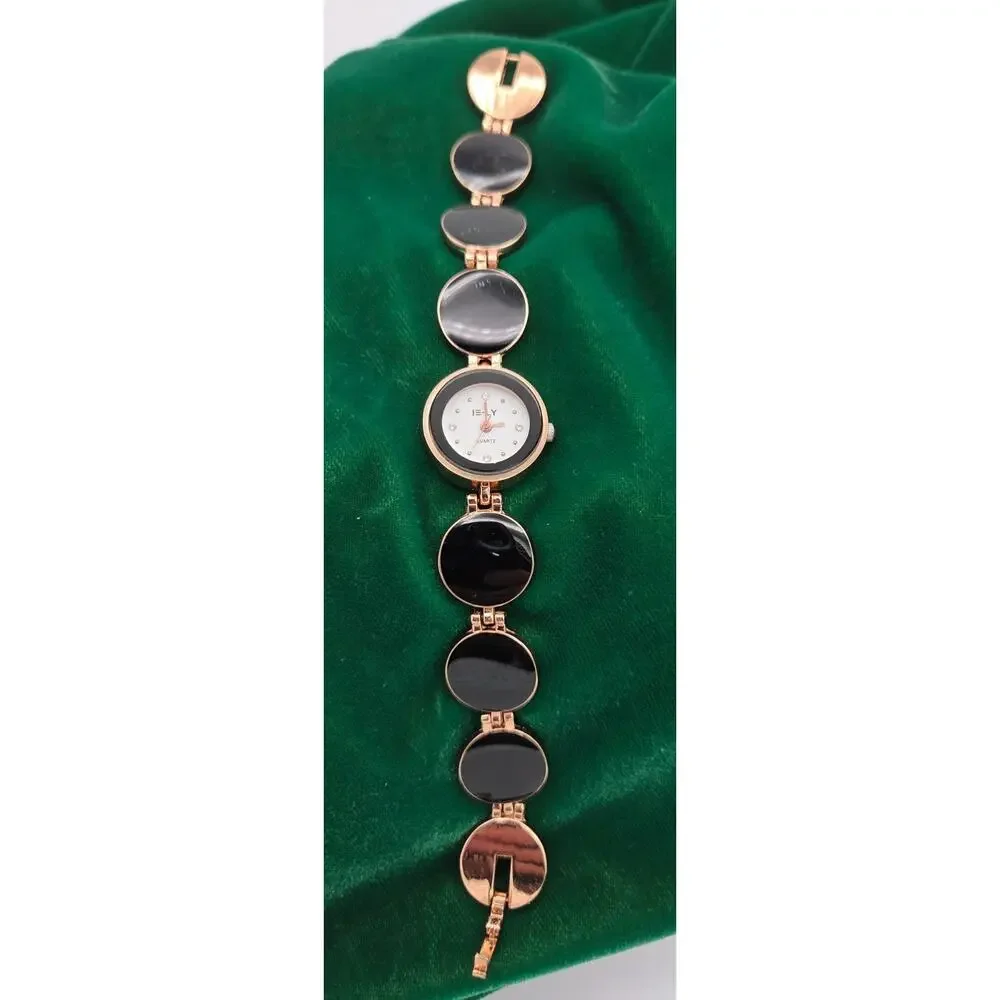 Vintage E-LY Ladies Watch Rose Gold Black Enamel Oval Link Bracelet WORKING